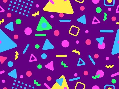 Geometric seamless pattern with memphis elements in 80s style. Colorful geo.. 스톡 일러스트
