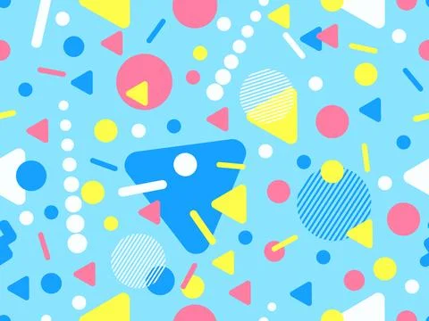 Geometric seamless pattern with memphis elements in 80s style. Colorful geo.. Stock Illustration
