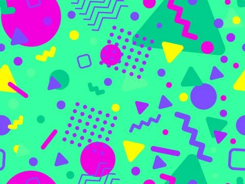 Geometric seamless pattern with memphis elements in 80s style. Colorful geo.. 스톡 일러스트