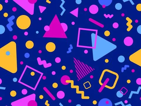 Geometric seamless pattern with memphis elements in 80s style. Colorful geo.. 스톡 일러스트