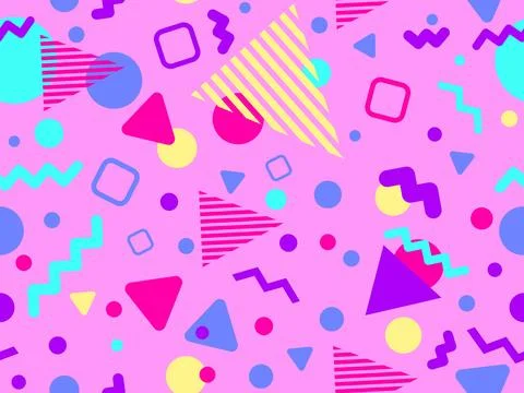 Geometric seamless pattern with memphis elements in 80s style. Colorful geo.. Stock Illustration
