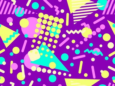 Geometric seamless pattern with memphis elements in 80s style. Colorful geo.. 스톡 일러스트