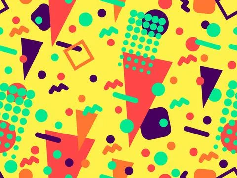 Geometric seamless pattern with memphis elements in 80s style. Colorful geo.. 스톡 일러스트