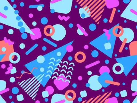 Geometric seamless pattern with memphis elements in 80s style. Colorful geo.. 스톡 일러스트