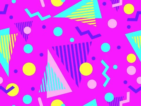 Geometric seamless pattern with memphis elements in 80s style. Colorful geo.. Stock Illustration