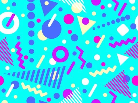 Geometric seamless pattern with memphis elements in 80s style. Colorful geo.. Stock Illustration