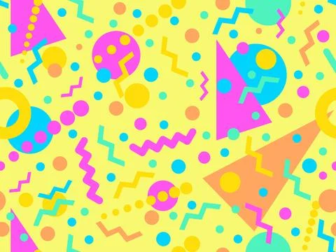Geometric seamless pattern with memphis elements in 80s style. Colorful geo.. 스톡 일러스트