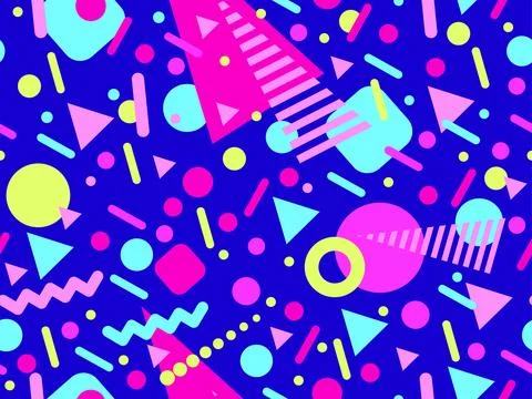 Geometric seamless pattern with memphis elements in 80s style. Colorful geo.. Stock Illustration