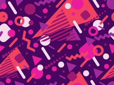 Geometric seamless pattern with memphis elements in 80s style. Colorful geo.. Stock Illustration