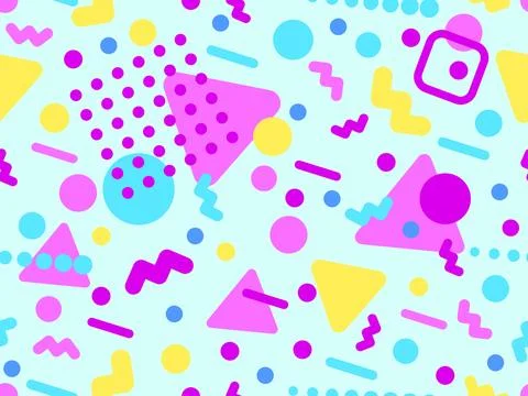 Geometric seamless pattern with memphis elements in 80s style. Colorful geo.. Stock Illustration
