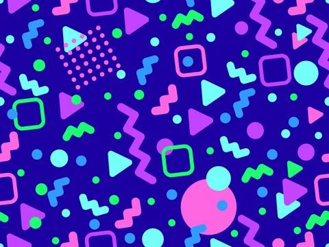 Geometric seamless pattern with memphis elements in 80s style. Colorful geo.. Stock Illustration