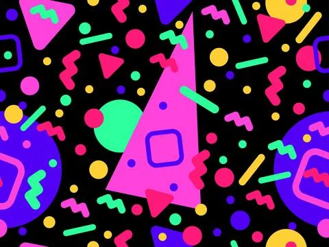 Geometric seamless pattern with memphis elements in 80s style. Colorful geo.. Stock-Illustration
