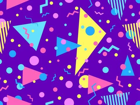 Geometric seamless pattern with memphis elements in 80s style. Colorful geo.. Illustrazione stock