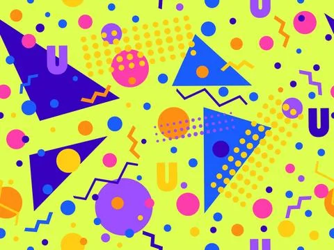 Geometric seamless pattern with memphis elements in 80s style. Colorful geo.. Stock Illustration
