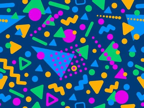 Geometric seamless pattern with memphis elements in 80s style. Colorful geo.. Stock Illustration