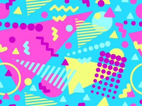 Geometric seamless pattern with memphis elements in 80s style. Colorful geo.. Stock Illustration
