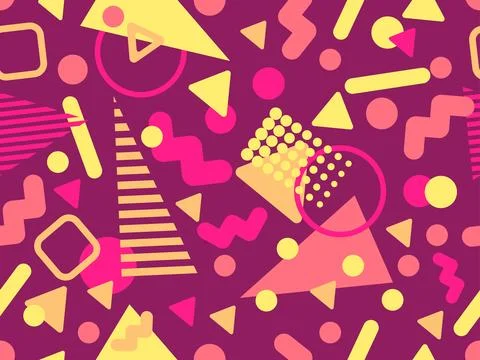 Geometric seamless pattern with memphis elements in 80s style. Colorful geo.. Illustrazione stock