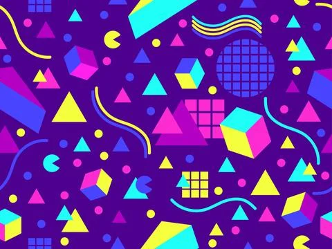 Geometric seamless pattern with memphis elements in 80s style. Colorful geo.. 스톡 일러스트