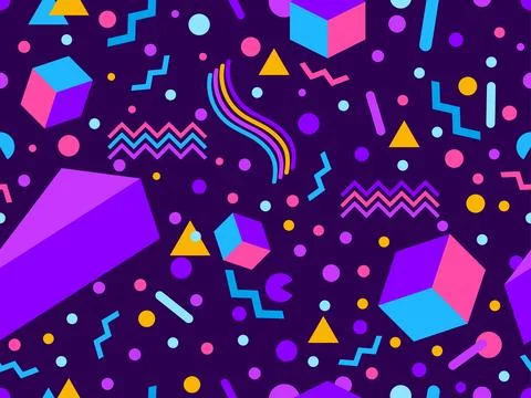 Geometric seamless pattern with memphis elements in 80s style. Colorful geo.. Illustrazione stock