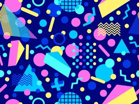 Geometric seamless pattern with memphis elements in 80s style. Colorful geo.. Illustrazione stock