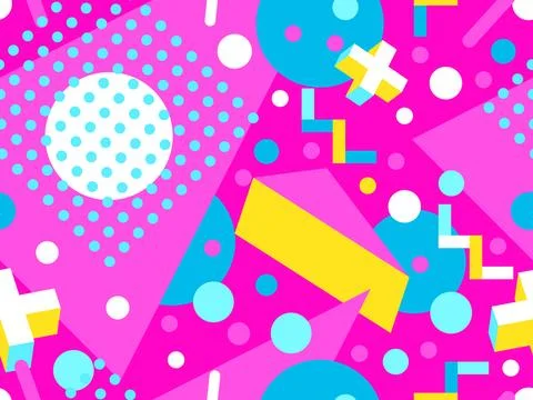 Geometric seamless pattern with memphis elements in 80s style. Colorful geo.. Stock Illustration