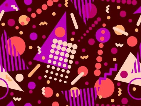 Geometric seamless pattern with memphis elements in 80s style. Colorful geo.. Illustrazione stock
