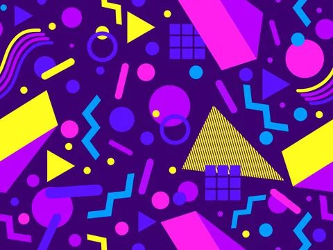 Geometric seamless pattern with memphis elements in 80s style. Colorful geo.. Illustrazione stock