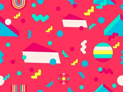Geometric seamless pattern with memphis elements in 80s style. Colorful geo.. 스톡 일러스트
