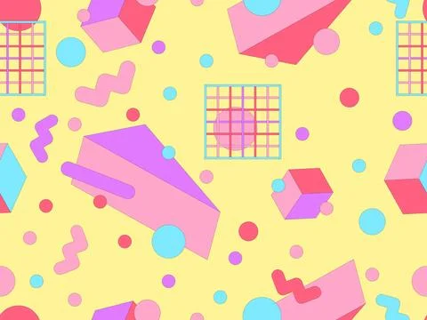 Geometric seamless pattern with memphis elements in 80s style. Colorful geo.. 스톡 일러스트