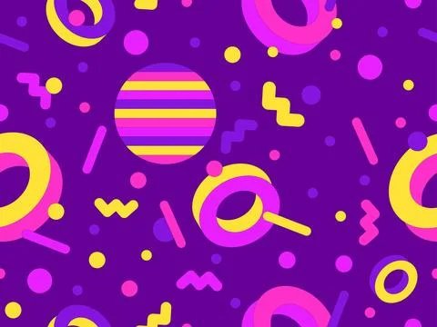 Geometric seamless pattern with memphis elements in 80s style. Colorful geo.. Stock Illustration