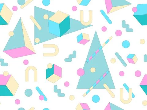 Geometric seamless pattern with memphis elements in 80s style. Colorful geo.. Stock Illustration