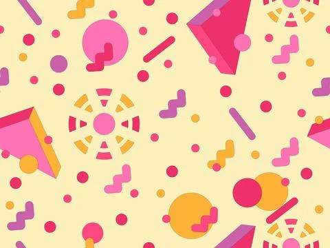 Geometric seamless pattern with memphis elements in 80s style. Colorful geo.. Stock Illustration