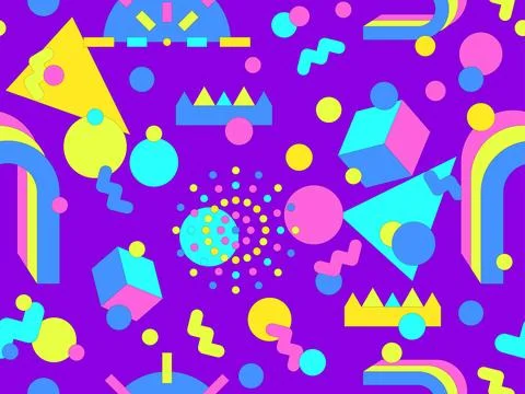 Geometric seamless pattern with memphis elements in 80s style. Colorful geo.. Stock Illustration