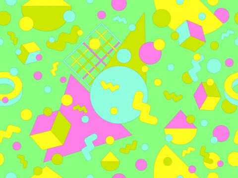 Geometric seamless pattern with memphis elements in 80s style. Colorful geo.. Stock Illustration