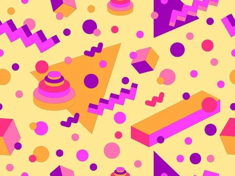 Geometric seamless pattern with memphis elements in 80s style. Colorful geo.. Stock Illustration