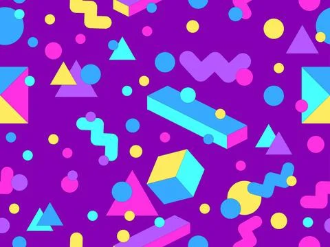 Geometric seamless pattern with memphis elements in 80s style. Colorful geo.. Illustrazione stock