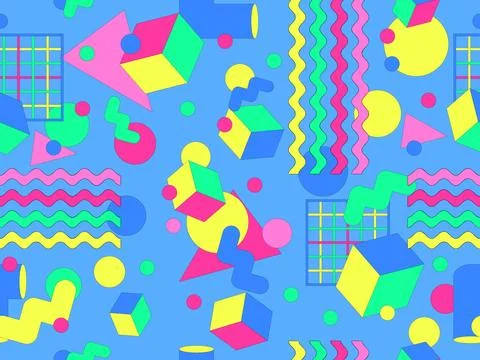 Geometric seamless pattern with memphis elements in 80s style. Colorful geo.. Stock Illustration