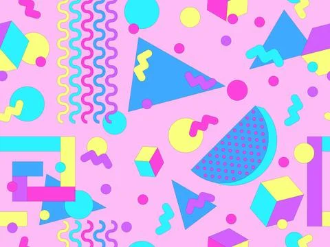 Geometric seamless pattern with memphis elements in 80s style. Colorful geo.. Stock Illustration