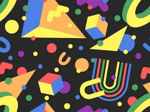 Geometric seamless pattern with memphis elements in 80s style. Colorful geo.. Stock Illustration