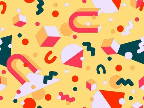 Geometric seamless pattern with memphis elements in 80s style. Colorful geo.. Illustrazione stock