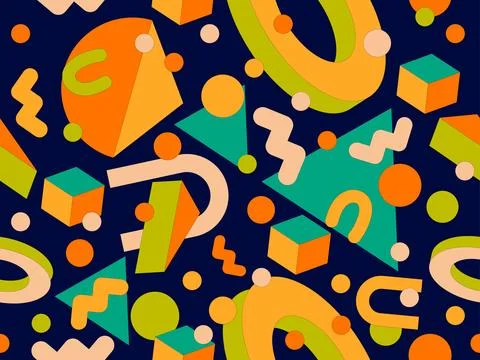 Geometric seamless pattern with memphis elements in 80s style. Colorful geo.. Stock Illustration