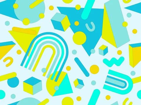 Geometric seamless pattern with memphis elements in 80s style. Colorful geo.. Illustrazione stock