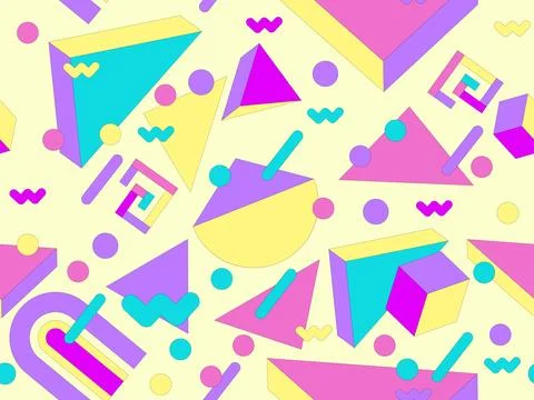 Geometric seamless pattern with memphis elements in 80s style. Colorful geo.. Illustrazione stock