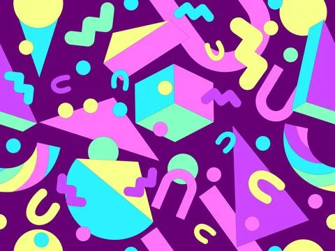 Geometric seamless pattern with memphis elements in 80s style. Colorful geo.. Illustrazione stock
