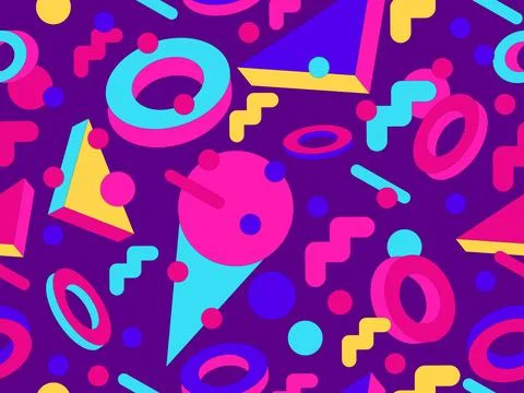 Geometric seamless pattern with memphis elements in 80s style. Colorful geo.. Stock Illustration
