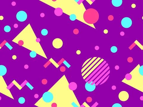 Geometric seamless pattern with memphis elements in 80s style. Colorful geo.. Illustrazione stock