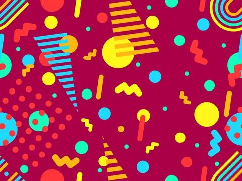 Geometric seamless pattern with memphis elements in 80s style. Colorful geo.. Illustrazione stock