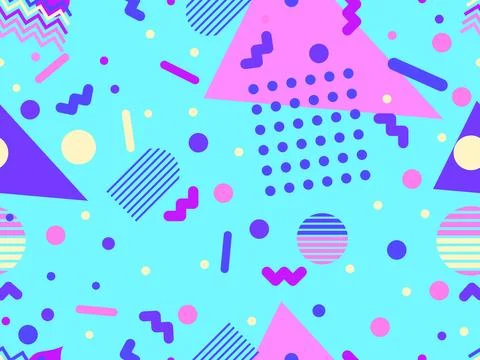 Geometric seamless pattern with memphis elements in 80s style. Colorful geo.. Illustrazione stock