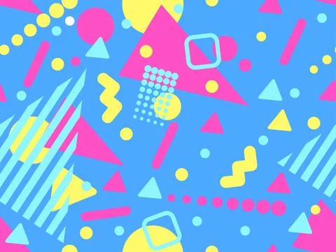 Geometric seamless pattern with memphis elements in 80s style. Colorful geo.. Stock Illustration