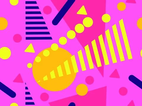 Geometric seamless pattern with memphis elements in 80s style. Colorful geo.. Illustrazione stock
